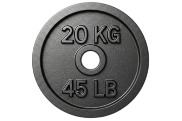 Cast iron barbell weight plate for gym and fitness training on a transparent background