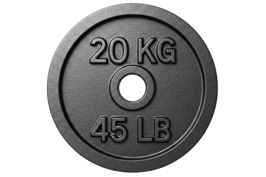 Cast iron barbell weight plate for gym and fitness training on a transparent background