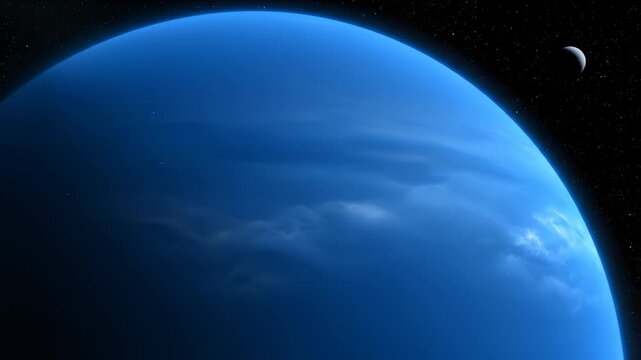 Neptune Planet Spinning Slowly With Triton Moon Visible in Space
