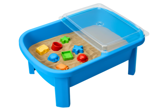 Blue plastic sand play table with colorful toy molds on a transparent background