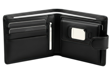 Open black leather bifold wallet with card and coin slots on a transparent background
