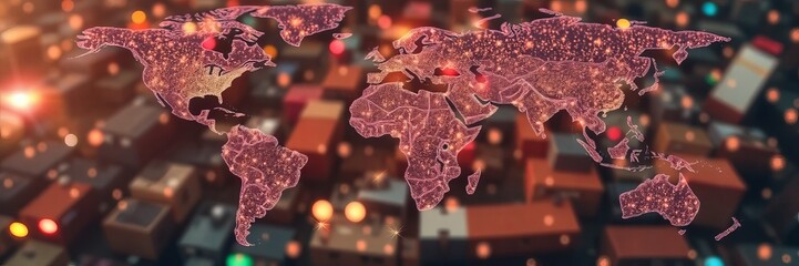 A digital world map illustration is rendered with glowing connections over a blurred circuit board, symbolizing global networks and technological advancement.