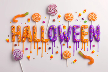 Candy 3D lettering in orange and purple, dripping icing and sprinkles; lollipops and gummy worms on white. Words: Halloween, Trick or Treat, Spooky, Boo!, Creepy, Cute & Creepy, October, Scary Night.