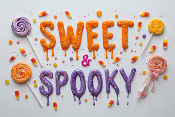 Candy 3D lettering in orange and purple, dripping icing and sprinkles; lollipops and gummy worms on white. Words: Halloween, Trick or Treat, Spooky, Boo!, Creepy, Cute & Creepy, October, Scary Night.
