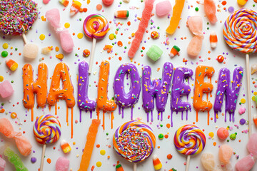 Candy 3D lettering in orange and purple, dripping icing and sprinkles; lollipops and gummy worms on white. Words: Halloween, Trick or Treat, Spooky, Boo!, Creepy, Cute & Creepy, October, Scary Night.