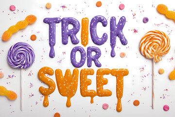 Candy 3D lettering in orange and purple, dripping icing and sprinkles; lollipops and gummy worms on white. Words: Halloween, Trick or Treat, Spooky, Boo!, Creepy, Cute & Creepy, October, Scary Night.