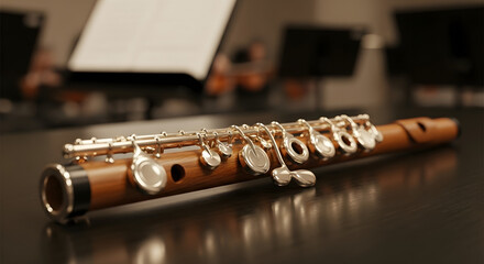Flute on Dark Surface with Sheet Music Background