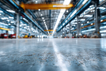 Obraz premium Abstract futuristic metallic background inside a large industrial hall