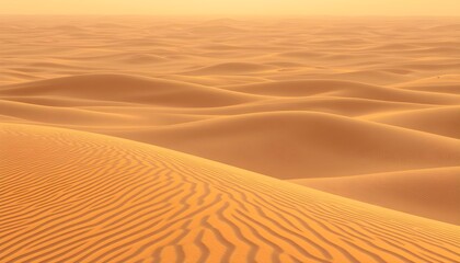 Expansive desert landscape featuring undulating sand dunes under a hazy, warm-toned sky, creating a sense of vastness and serenity.