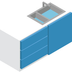 Clean Isometric Kitchen Counter With Blue Drawers And Double Sink Stainless Steel Faucet And Light Blue Water On White Background.