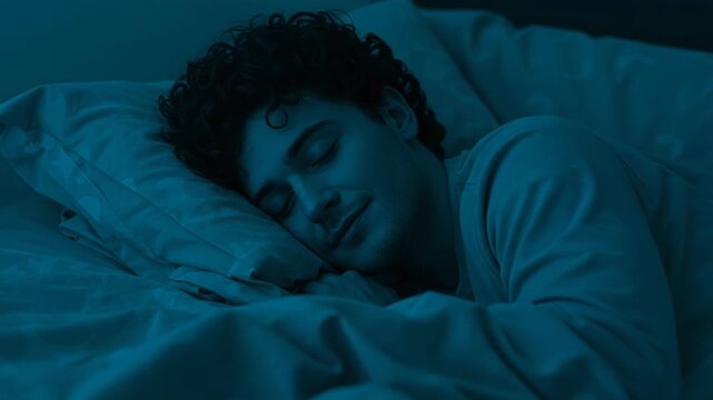 Man with curly hair is sleeping peacefully in his bed at night time
