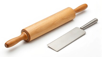 Obraz premium Rolling pin and dough scraper on a light background for baking enthusiasts.