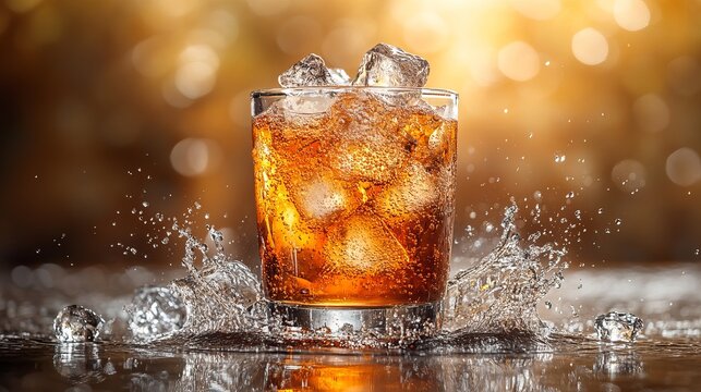 Refreshing iced beverage with dynamic splash for summer ads or modern bar promotions, conveying cool refreshment and vibrant energy for happy hour specials