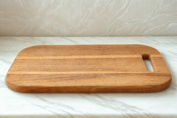 Rectangular wooden cutting board with handle on marble countertop