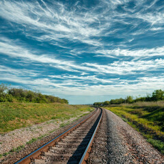 Fototapeta premium Vast sky over train tracks leading to the horizon