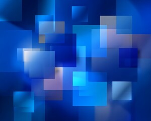 Abstract background of overlapping translucent blue squares and rectangles with glowing light effects and bokeh