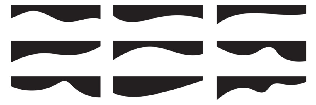Collection of dividers shape templates. Modern separator header for website and app. Curve lines, wave collection of abstract design element for top and bottom page web site. Black Color Curved shape.
