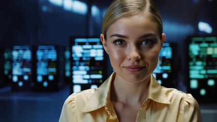 A confident woman is posing in front of a technological background  - Powered by Adobe