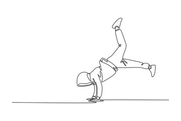 Continuous one line drawing young guy executing challenging freeze, balancing on one hand with their body inverted, leg extended wide of breakdance. Single line draw design vector graphic illustration