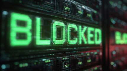Digital representation of the word 'BLOCKED' in glowing green against a dark, tech-inspired background.