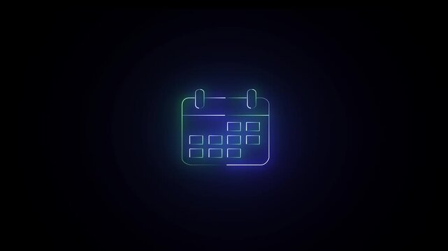 Glowing blue neon calendar icon animation on black background.