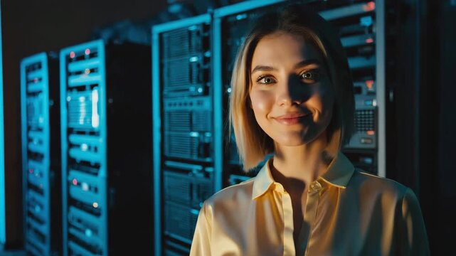 A confident woman smiling at the camera in a server room. The woman is surrounded by server racks. - Powered by Adobe