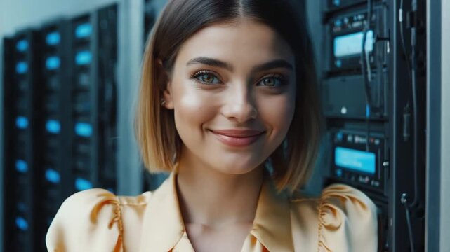 A smiling woman stands proudly in front of a server rack, suggesting technology and expertise. The woman appears confident and professional