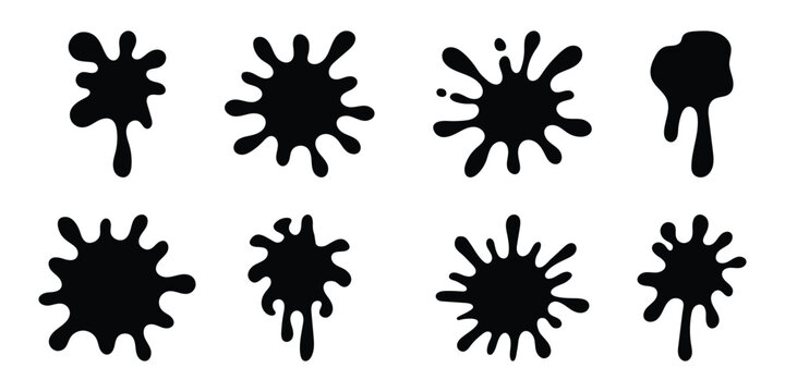 Black paint blots icon. Paint splash monochrome flat symbol. Dripping paint icon set. Current liquid. Paint flows. Melted circle logo. Current paint, stains. Current inks. Vector illustration design.
