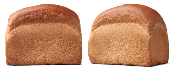 unsliced loaves of white sandwich bread, rich golden-brown crust, isolated white background, concepts of fresh baking and bakery goods in different angles