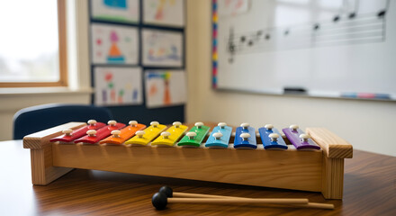 Vibrant wooden xylophone with colorful keys and mallets, set on a warm classroom table, hinting at early music education and joyful learning experiences for children