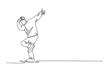 Single one line drawing dancer mid-movement, balancing on one leg with arms extended, dynamic, focused pose typical of hip hop or street dance. Continuous line draw design graphic vector illustration