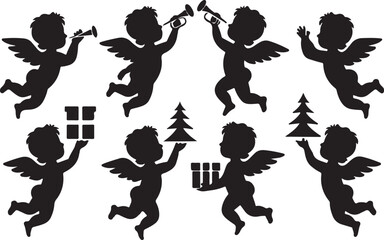 christmas angel set. christmas and religion symbols. angel with trumpet and paper scroll, gift, candle and star © Masud