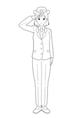 長袖の制服を着た女性駅員の白黒イラスト