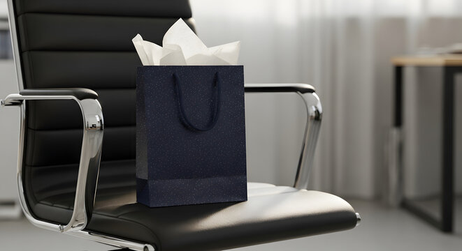 Boss's Day Gift Bag on Office Chair: A Corporate Appreciation Gesture with Elegant Dark Blue Bag and Tissue Paper