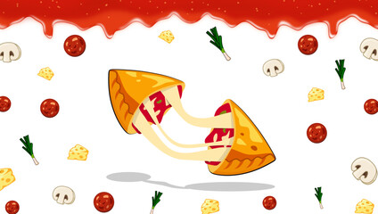 Playful illustration of flying calzone with strings of cheese, pepperoni, and mushrooms on white backdrop, sprinkled with toppings. Ideal for food art, branding, and humorous campaigns.