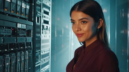 A woman looking at the servers, surrounded by the technological world