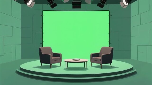 Cartoon studio setup with green screen backdrop two chairs and a coffee table ready to film