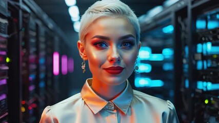 A beautiful woman poses confidently in a server room. The server room is illuminated with vibrant lights, emphasizing the technology and innovation that surrounds her - Powered by Adobe