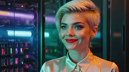 A professional female tech expert with short blonde hair stands in a data center with a smile - Powered by Adobe
