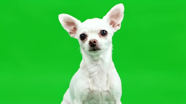 White Chihuahua Dog Portrait on Green Screen Background