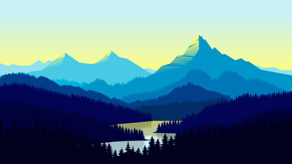 Minimalist Blue Mountain Scenery with Lake Reflection