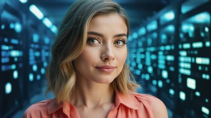 A sophisticated woman poses in front of advanced data center servers, epitomizing technological prowess and smart work - Powered by Adobe