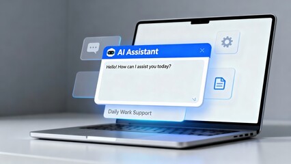 Chat Bot Chat with AI or Artificial Intelligence technology. AI assistant on laptop screen offering support and communication features.