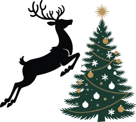 Christmas tree with reindeer, christmas tree silhouette