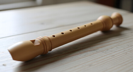 A wooden recorder, a simple musical instrument, is placed on a wooden table