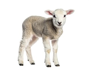 Fototapeta premium A full-body shot of a lamb standing with its face looking toward the camera