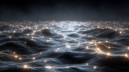 A minimalistic hyperrealistic scene of a floating network of softly glowing lines suspended in space, evoking technology, connectivity, and delicate futuristic digital structure.