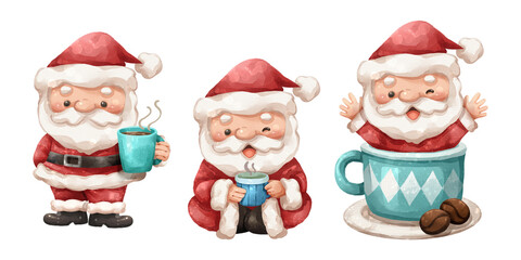 Watercolor cartoon illustration set of santa claus as a coffee enthusiast holding steaming blue mug and popping out of oversized coffee cup . Hand drawn digital painting . Transparency background .