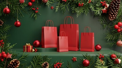 Festive red gift bags and small wrapped presents arranged on a shelf surrounded by lush green christmas tree branches and ornaments