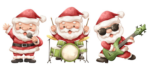 Watercolor cartoon illustration set of santa claus as rock and roll band member . Features Santa singing, playing a full drum kit, and shredding an electric guitar . Hand drawn digital painting .